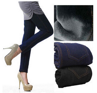 Fashion Fleeces Inside Denim Trousers Footless Leggings With Pockets